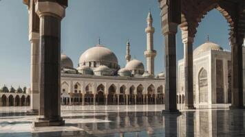 Majestic Mosque Architecture with Dome and Minaret Under Clear Blue Sky photo