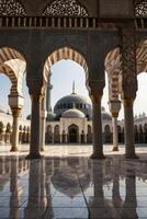 Majestic Mosque View Through Arches with Reflected Tile Floor photo