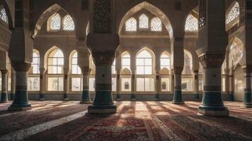 Ornate Mosque Interior with Arches Columns and Sunlight Streaming Through photo