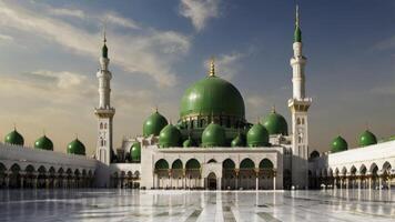 Exterior View of the Prophet's Mosque in Medina with Green Domes photo