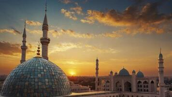 Mosque at Sunset with Golden Sky and City View photo