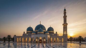 Sheikh Zayed Mosque at Sunset with Golden Light and Sky Reflection photo
