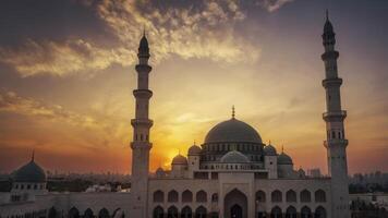 Mosque at Sunset Stunning Architectural Design with Golden Light and Towering Minarets photo
