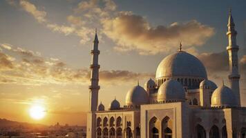 Mosque Architecture at Sunrise with Golden Light and Sky Scenery photo