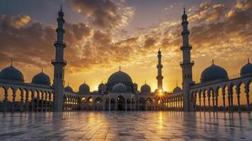 Grand Mosque at Sunset with Golden Light and Cloudy Sky Reflection photo