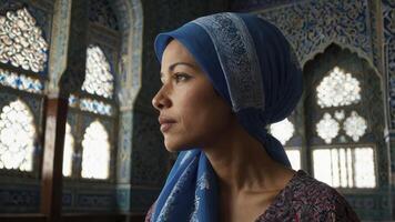 Woman in Blue Headscarf Looking Out Ornate Window in Historical Building photo