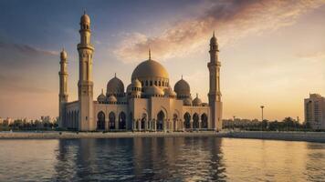 Scenic Mosque Architecture at Golden Hour Reflecting in Water, Dubai photo