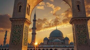 Grand Mosque at Sunset Framed by Stone Archway Architecture photo