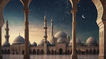 Grand Mosque at Night with Crescent Moon and Starry Sky View photo