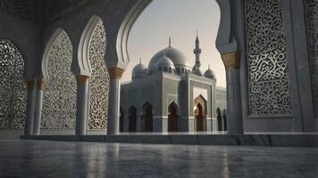 Exploring Architecture of a Grand Mosque with Decorative Arches and Domes photo
