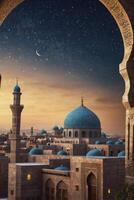 Mosque Architecture at Night with Starry Sky and Crescent Moon photo