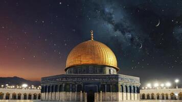 Dome of the Rock at Night with Starry Sky and Crescent Moons photo