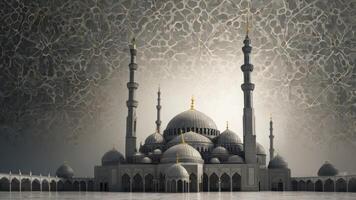 Magnificent Mosque with Minarets and Domes Against Patterned Backdrop photo