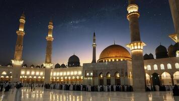 Masjid an Nabawi at Night with Milky Way Above Golden Dome photo