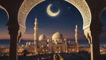 Majestic Mosque at Night Seen Through Archway with Crescent Moon photo
