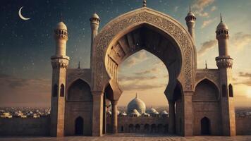 Majestic Islamic Architecture Archway with Minarets at Sunset Night photo