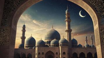 Majestic Mosque Architecture Under Starry Night Sky with Crescent Moon photo