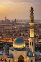 Mosque and Minaret with Dubai Skyline During Evening Light View photo