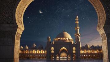 A mosque at night with a moon and stars photo