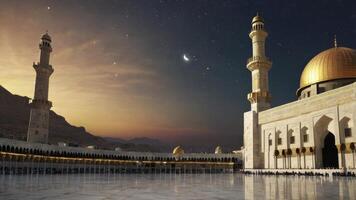 Mosque Building with Golden Dome Under Night Sky and Crescent Moon photo