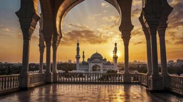 Mosque View at Sunset Through Arches with Golden Light photo