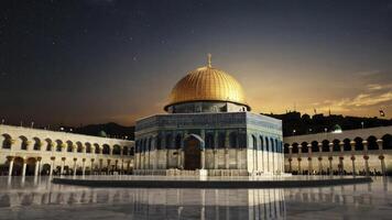 Dome of the Rock at Night with Starry Sky Reflection photo