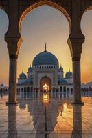 Exploring Majestic Mosque Architecture at Dusk with Reflection and Arches photo