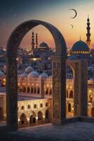 Mosque and Cityscape at Dusk Viewed Through an Ornate Stone Arch photo