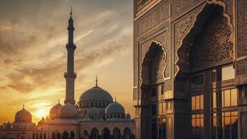 Magnificent Mosque and Ornate Building at Sunset with Golden Sky photo