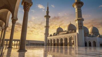 Grand Mosque Architecture and Sunset Reflection at Sheikh Zayed Mosque photo