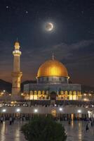 Dome of the Rock and Minaret at Night Under a Full Moon photo