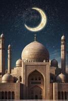 Mosque Architecture with Crescent Moon and Starry Night Sky Backdrop photo