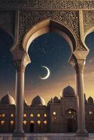 Architectural Archway Framing Crescent Moon and Mosque at Nightfall photo