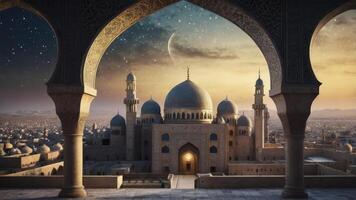 Majestic Mosque at Night with Crescent Moon and Cityscape View photo