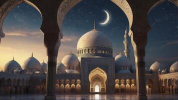 Grand Mosque Architecture at Night with Crescent Moon Shining Above photo