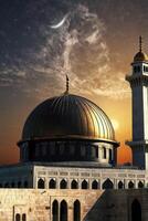 Dome of the Rock at Dusk with Crescent Moon and Minaret photo