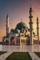 Magnificent Mosque Architecture at Sunset with Warm Light and Peaceful Ambience photo