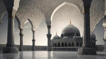 Ornate Mosque Architecture with Arches Pillars and Dome at Sunrise photo