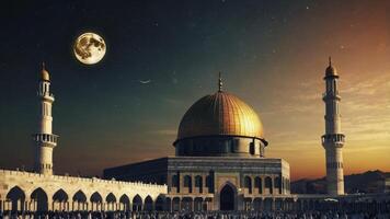 Dome of the Rock at Night with Moon and Crowds Gathering photo