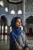 Woman in Hijab Looking Up Inside Ornately Decorated Islamic Building photo