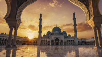 Stunning Mosque Exterior at Sunset with Arches and Reflection photo