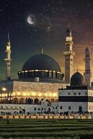 Mosque at Night Under Crescent Moon with Crowd and Stars photo