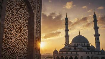 Mosque at Sunset with Ornate Design and Warm Sky Glow photo