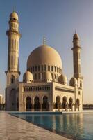 Exploring Masjid Al Farooq Mosque Architecture with Water Reflections in Sharjah photo
