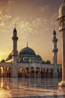 Magnificent Mosque Architecture at Sunset with Reflections and Peaceful Atmosphere photo