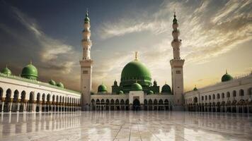 Prophet's Mosque in Medina with Green Dome and Tower Under Sky photo