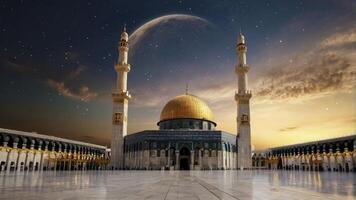 Mosque Architecture with Golden Dome Under Starry Sky and Moon photo