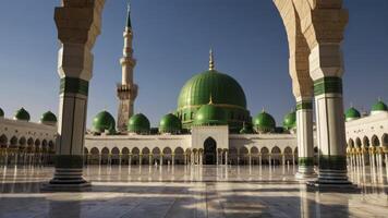 Green Dome Mosque Architecture at Medina with Minaret and Courtyard View photo