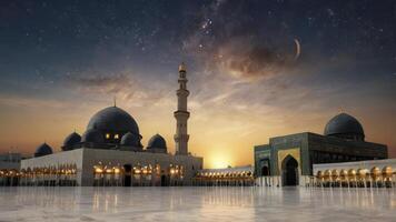 Magnificent Mosque Architecture at Night with Crescent Moon and Starry Sky photo