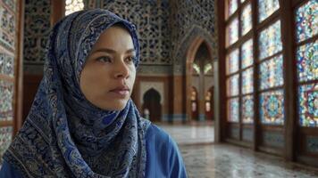 Woman in Hijab Visiting Mosque with Colorful Stained Glass Windows photo